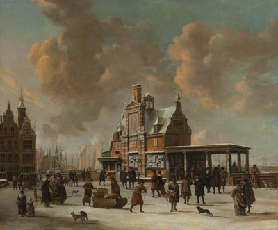 The Paalhuis and the Nieuwe Brug in Amsterdam During Wintertime by Jan Abrahamsz. Beerstraten